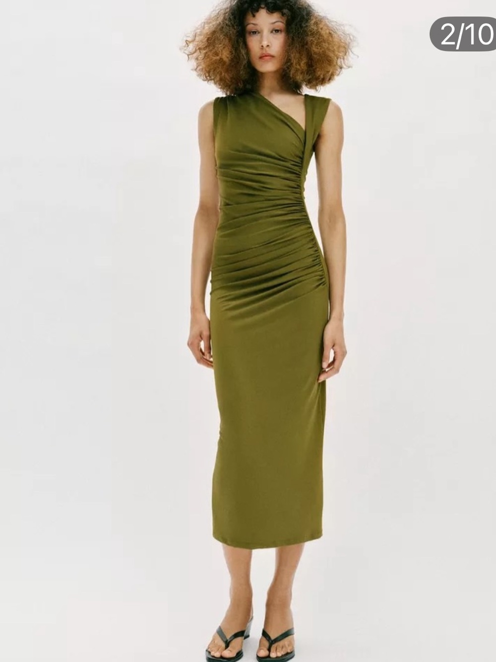 Zara Olive Green Ruched Midi Skirt Dress